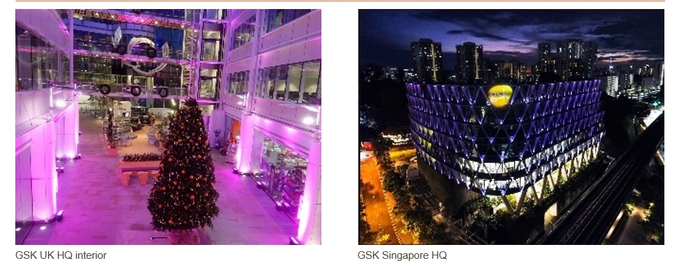 GSK buildings lighting up purple