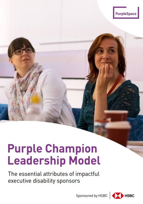 Front cover of Purple Champion Leadership Model, sponsored by HSBC with photo of two female attendees at an in personal PurpleSpace event looking towards a speaker who is off camera