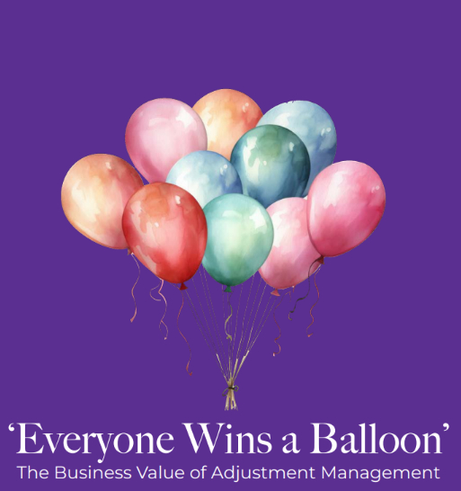 Illustration of a large bunch of colourful balloons on a purple background with book title Everyone Wins a Balloon.