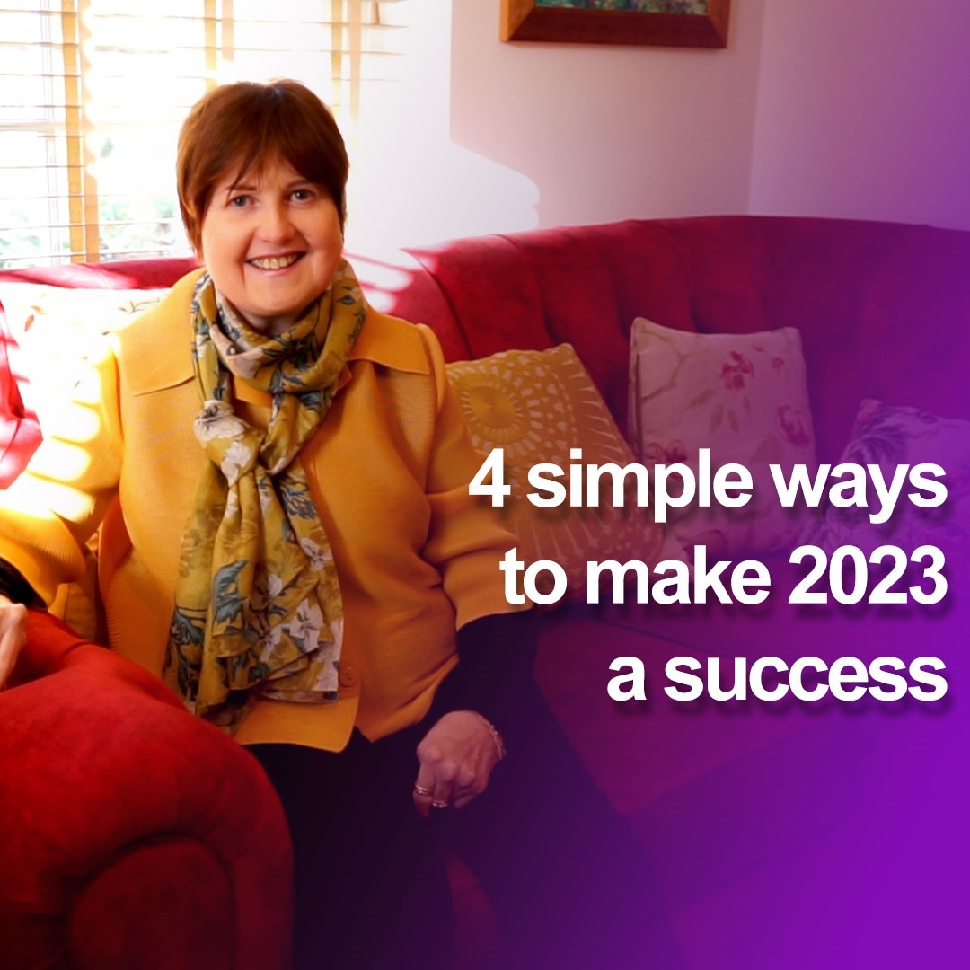 Image of Kate sat on her sofa at home. Text reads 4 simple ways to make 2023 a success